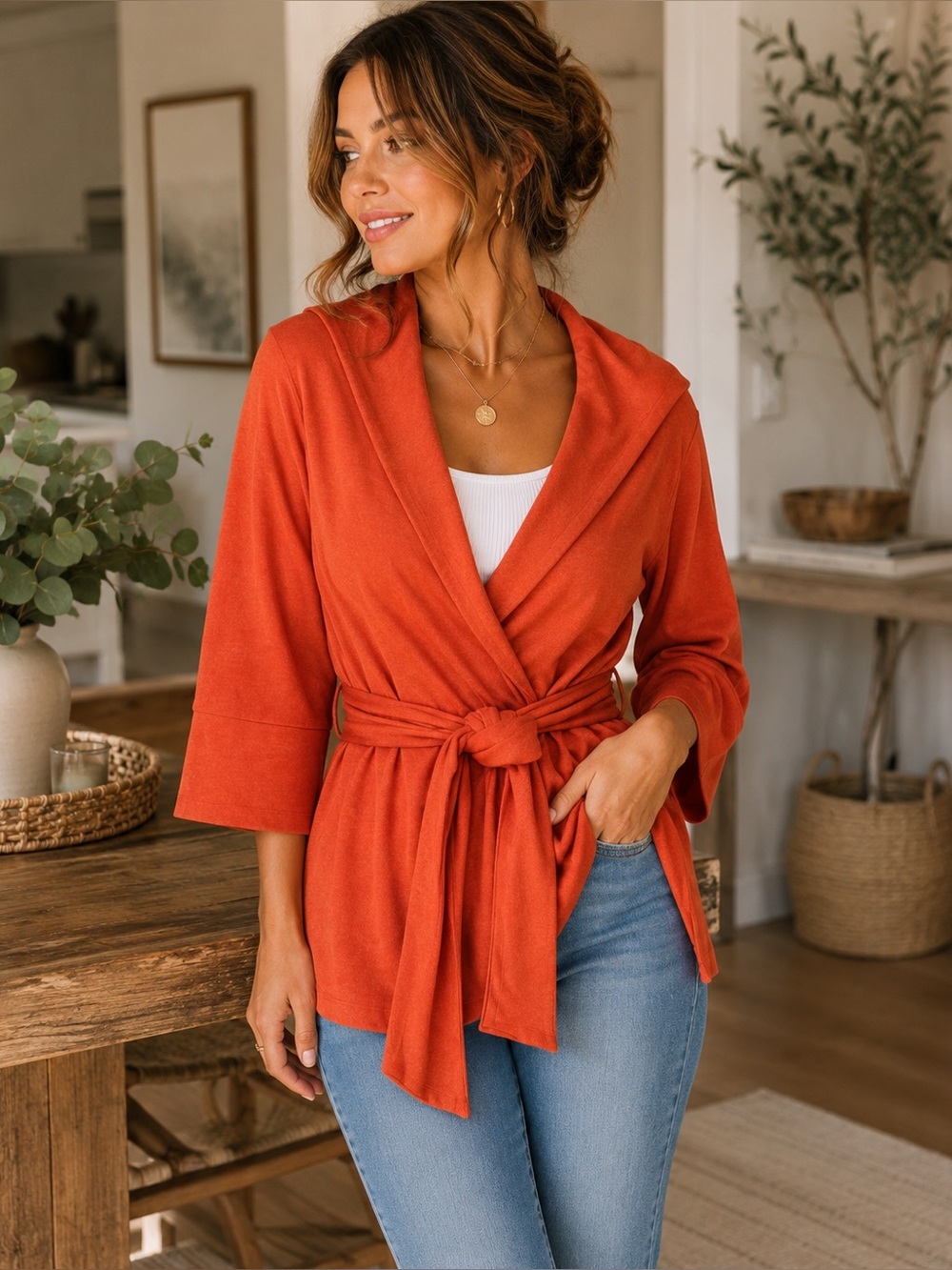 X Taren Burnt Orange Wrap Cardigan Tie Waist 3/4 Sleeve Size M
